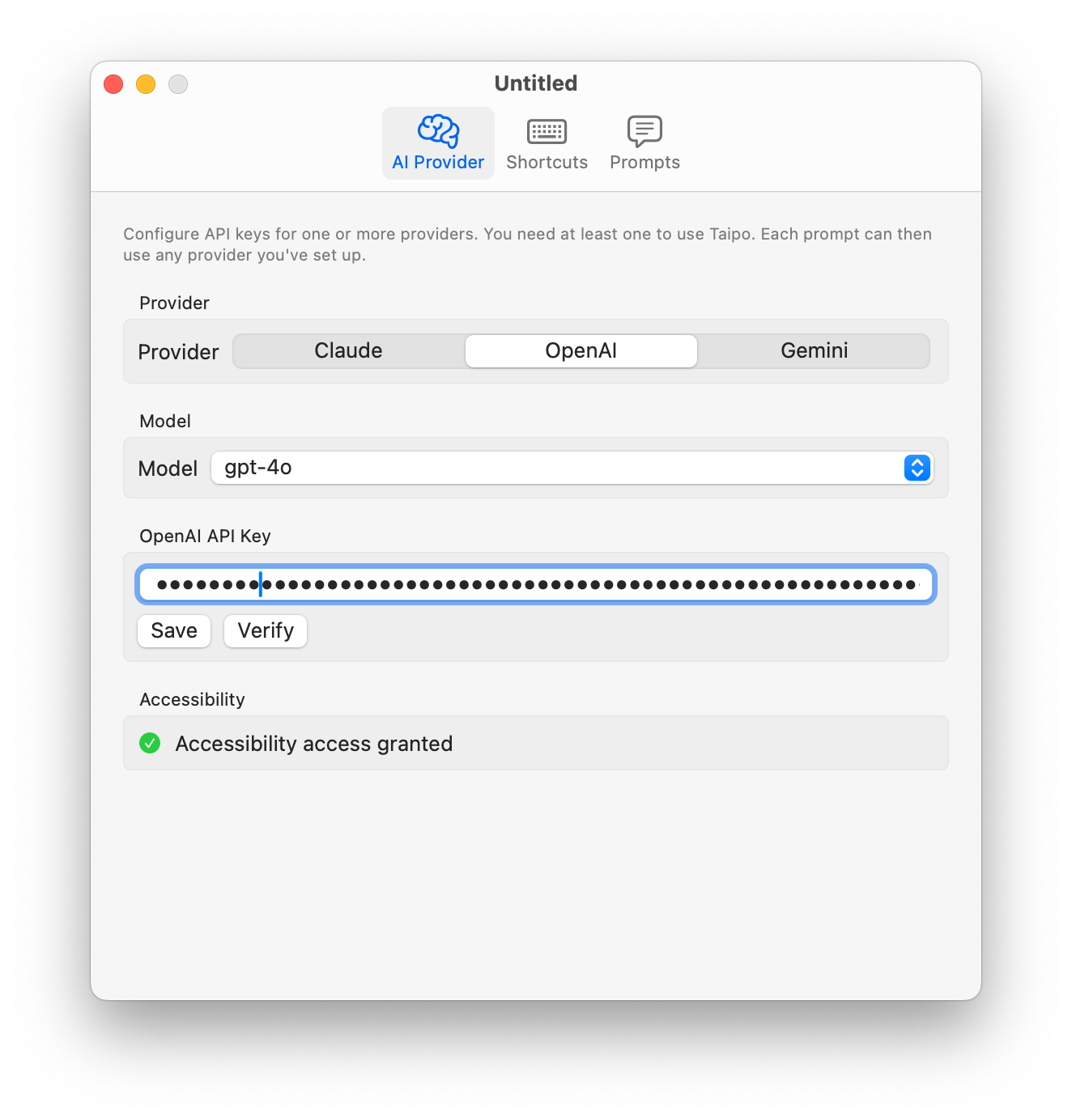 Taipo AI Provider Settings