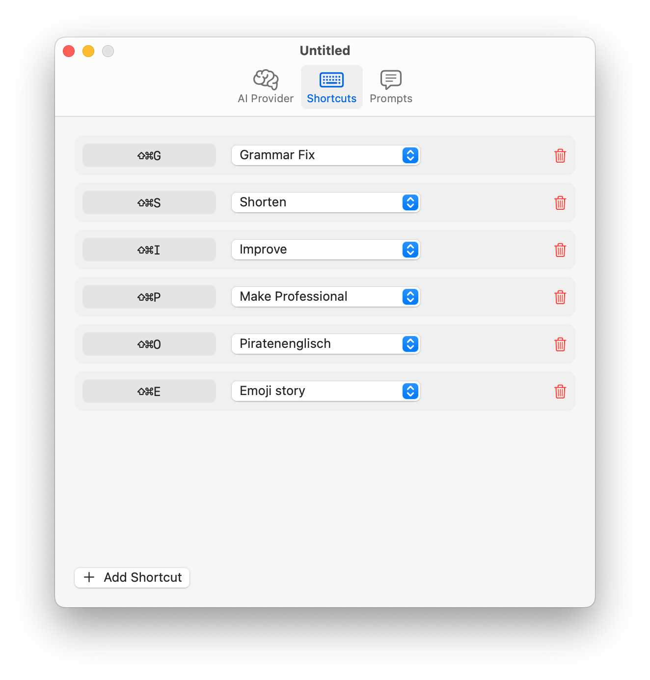 Taipo Shortcuts Settings